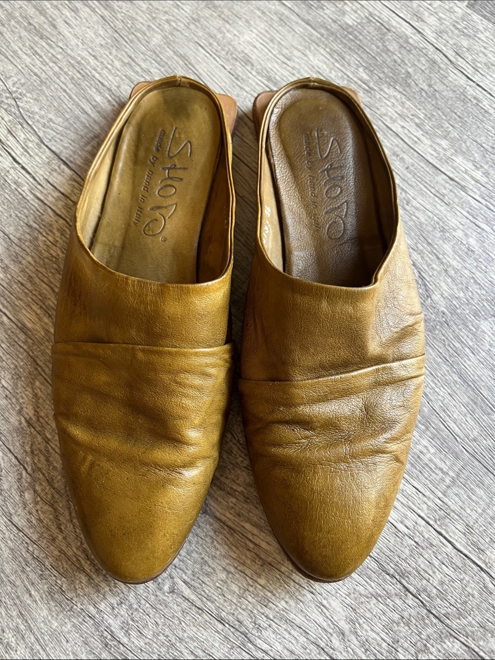Shoto Italy Handmade Ruched Soft Leather Mules Ochre Tan Size EU 36